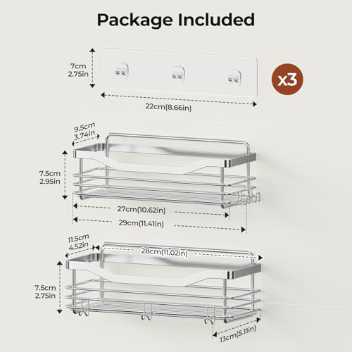 Orimade Shower Shelf No Drilling Stainless Steel Shower Shelf with 5 Hooks Shower Baskets for Bathroom Kitchen Toilet Pack of 2