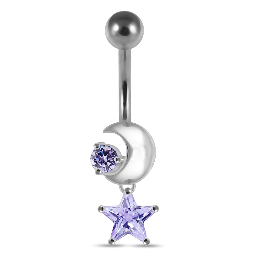 AZARIO LONDON Lavender Crystal Stone Trendy Moon and Star Design Sterling Silver Belly Bars Piercing