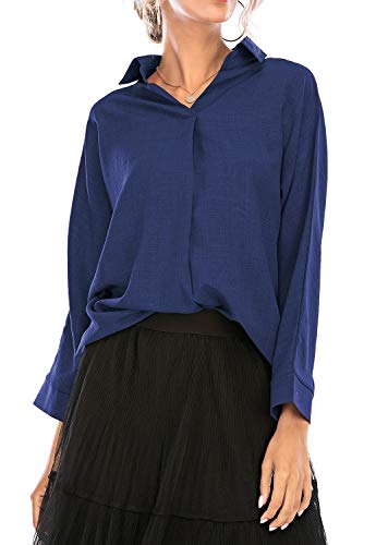Women\'s Casual Long Sleeve Blouse Top High Low Tunic V Neck Pullover Shirt (Blue, X-Large)