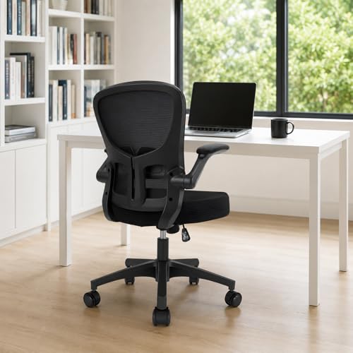 Durrafy Ergonomic Office Chair, Mesh Desk Chair with Adjustable Lumbar Support & Flip-Up Arms, Height Adjustable Swivel for Home Office, Mid Back with Castors, Black