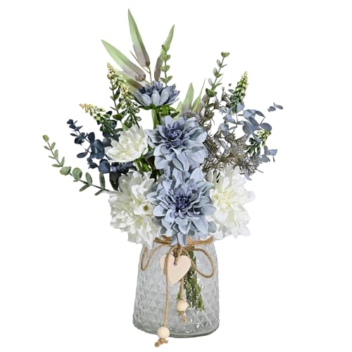 NAWEIDA Artificial Flowers with Vase Faux Hydrangea Flower Arrangements for Home Garden Party Wedding Decoration (White And Grey)