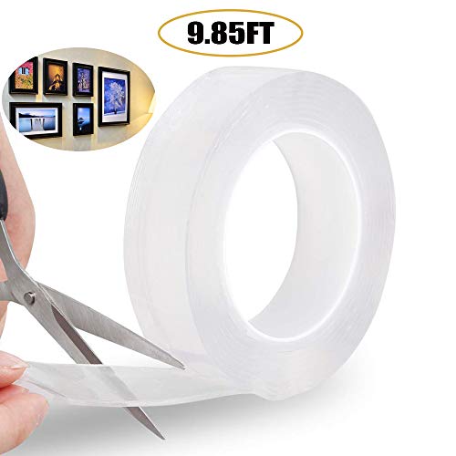9.85 FT Double Sided Adhesive Tape Transparent Traceless Gel Mat Nano Tape Washable Removable and Recycled Sticky Anti-Slip Gel Tape for Paste Photos Posters, Fix Carpet Mats or Home Office Wall Decor