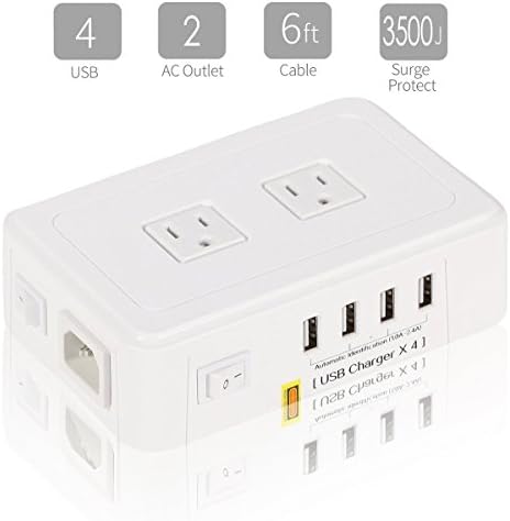 CentreGear 2 Outlets Surge Protector Power Strip with 4 USB Charging Ports and 6' Power Cord, Portable Charging Station for Apple IPhone, Android Devices &amp; other USB Compatible Devices (White)