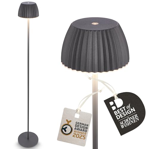 BRILONER - Riffle LED Stehlampe kabellos IP44 mit Touch, dimmbar, Memoryfunktion, Akku tauschbar, Akku Stehleuchte, Leselampe, Wohnzimmerlampe, German Design Award Winner 2025, 19x124 cm, Anthrazit