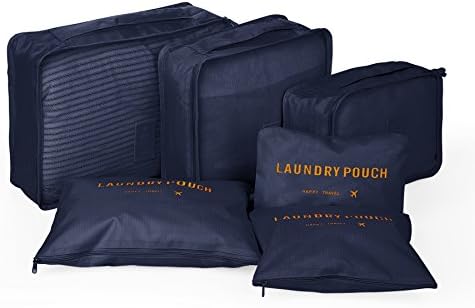 Yoonsic 6 Sets Packing Cubes for Travel/Trip - 3 Cubes + 3 Pouches + 4 Bonus Vacuum Bags - Organizers for Carry-on Luggage Clothing and Accessories (navy)