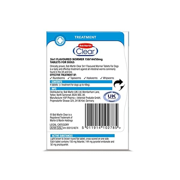 Bob-Martin-Clear-3-in-1-Wormer-Tablets-for-Small-Medium-Large-Dogs-up-to-40-kg-Clinically-Proven-Treatment-4-Tablets Bob Martin Clear | 3 in 1 Wormer Tablets for Small, Medium & Large Dogs (up to 40kg) | Clinically Proven Treatment (4…