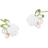 Cute Camellia Flower Stud Earrings for Women 925 Sterling Silver Post Gold-Toned Dainty Crystal Leaf Shell Pearl Balls Cartilage Studs Elegant Wedding Birthday Party Jewelry