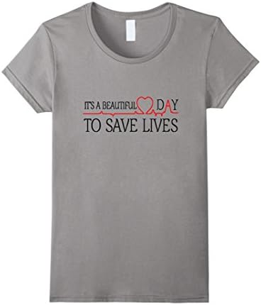 Women's It's a Beautiful Day to Save Lives RED LINE HEARTBEAT  Large Slate