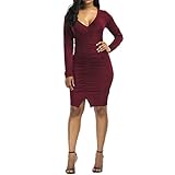 Tulucky Women Sexy V Neck Long Sleeve Front Fold Stretch Bodycon Bandage Pencil Party Dresses
