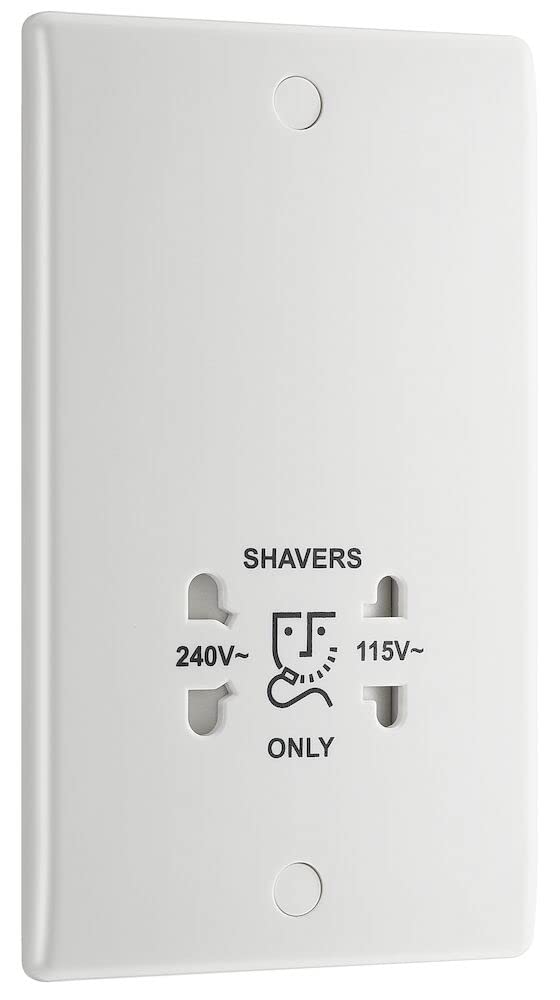 BG Electrical Dual Voltage Shaver Plug Socket, Electric Toothbrush Charger Socket for Bathrooms, Round Edge, Nexus 800 Series, White Moulded, 2-Pin, 115V / 240V, 820