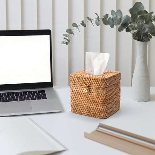 Rattan Paper Tissue Box with Lid, Square Wicker Box Holder, Facial Tissue Paper Tissue Box for Dining Table, Living Room, Bathroom, Bedroom (Natural)