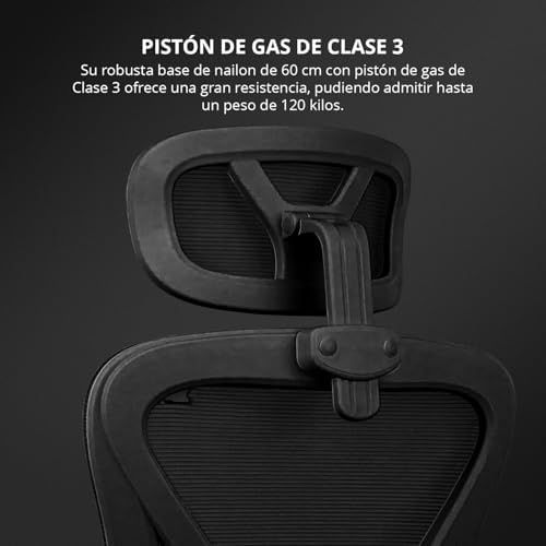 DRAIR35 – Silla Escritorio Ergonómica Oficina y Hogar de Malla tensada Transpirable, Reclinable 90-120°, Reposacabezas y Reposabrazos Abatibles, Soporta hasta 120 kg, Negro