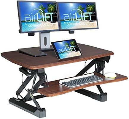 Amazon Com Seville Classics Airlift Height Adjustable Stand Up Desk Converter Riser Keyboard Tray Dual Monitors Quick Lift Levers Ergonomic Table Full 36 Walnut Furniture Decor