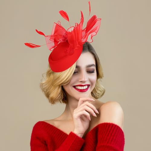 ZinniDay Burgundy Red Cocktail Feathers Fascinators Hats Women