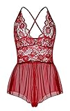 JuicyRose Women Sexy Lingerie Teddies Sheer Lace Halter Babydoll Crotchless (US L/Tag XL, Red)