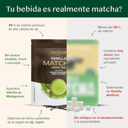 Polvo de Matcha Vainilla 100g-50 Tazas | Matcha Uji & Vainilla de Madagascar | 100% Natural | Té Verde Japonés Premium | Para Latte & Té