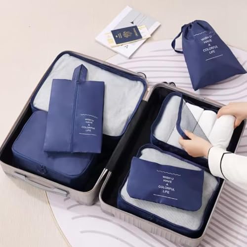 Kit Organizador de Malas para Viagem 7 Peças Conjunto Organizador Completo Bolsas Necessaire Sapatos Maquiagem Roupas Bagagem Organizada (Azul Marinho)
