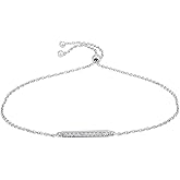 Vanbelle Sterling Silver Jewelry - Rhodium Plated with 925 Stamp - Studded Adjustable Bar Bracelet with Cubic Zirconia Stone - Beautifully Handcrafted for Women - 6.5" Long