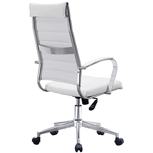 2xhome White - Modern High Back Tall Office Chair Ribbed White PU Leather With Cushion Swivel Tilt Adjustable Chair Designer Boss Executive Management Manager Conference Room Work Task Computer