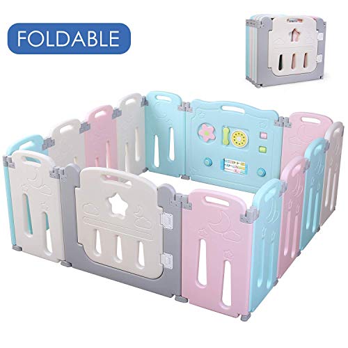 POTBY Foldable Baby Playpen 14 Panel Activity Center Safety Playard with Lock Door,Kid's Fence Indoo - //coolthings.us