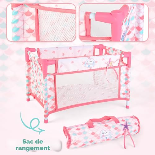 deAO 5-in-1 Folding and Portable Doll Accessory Kit with Doll 31 cm | Nursery Doll Accessories with Stroller, Cot Doll, Travel Bag and Baby Feeding Bottle, Role Play Gifts