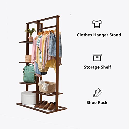 medla Bamboo Clothes Rack Stand: Cloth Hanger Wood Clothing Hanging Rail Standing Garment Rack with 1 Hanging Rod 3 Tier Side Storage Shelves and 2 Tier Bottom Shelves for bedroom Office Home