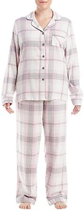 Intimate Essentials Plus Size Flanel Notch Collar Pajama Set Gray Pink Plaid 3X