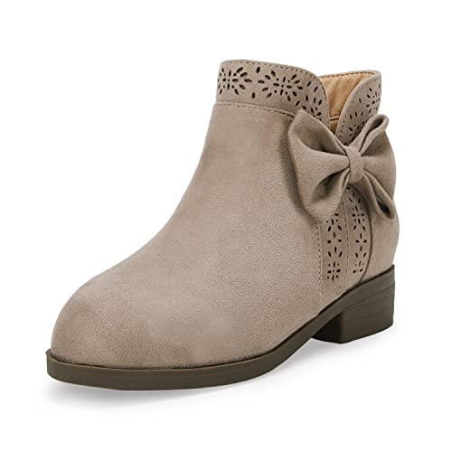 Coutgo Girls Kids Bow Knot Ankle Boots Faux Suede V Cutout Low Stacked Heel Side Zipper Chelsea Shoes at Amazon