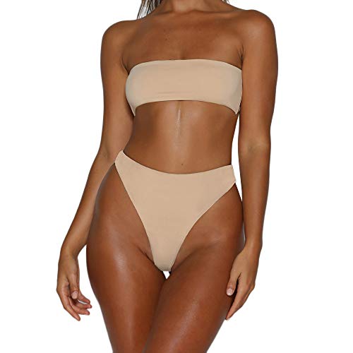 MmNote Women's 2 Pieces Bandeau Bikini Swimsuits Off Shoulder High Waist Bathing Suit High Cut