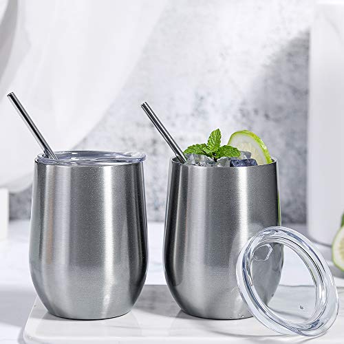 2 Pack 12 oz Wine Tumbler with Lids, Double Wall Vacuum Insulated Stainless Steel Stemless Wine Glass, Travel Coffee Mug Cup for Wine, Drinks, Champagne, Cocktails (Include Straws & Brush) (Silver) - Thumbnail 7