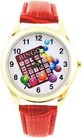 Bingo Card Dial Watch Red Faux Leather Band