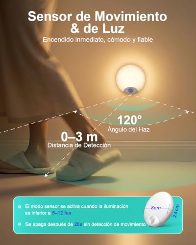 Luz Nocturna Sensor Movimiento Interior, Lampara LED Recargable 3 Modos (Auto/Encendido/Apagado), Luz de Noche Regulable Blanco Cálido/Natural/Frío, Iluminación para Escaleras, Armarios, 4 Piezas