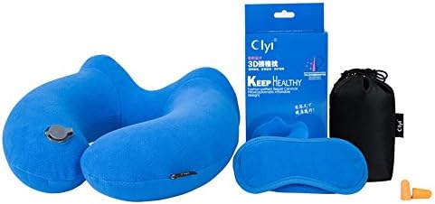 Li Da Sen Soft Inflatable Travel Neck Pillow for Airplanes with Ear Plugs, Eye Mask and Packsack (Blue)