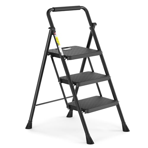 HBTower Trittleiter 3 Stufen klappbar, Leiter mit Breitem Anti-Rutsch-Pedal, Trittleiter mit Bequemer Handlauf, Tragbarer Tritthocker aus Stahl, Schwa