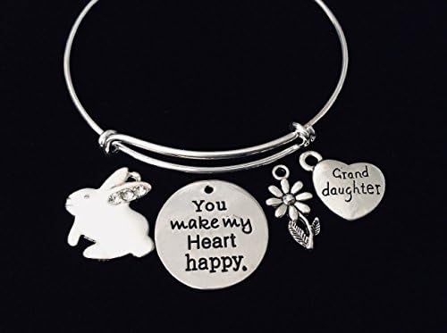 Granddaughter You Make My Heart Happy Expandable Charm Bracelet Silver Adjustable Bangle Trendy Bunny Rabbit Easter Gift Grand Daughter Personalization Custom Option Child Size Option