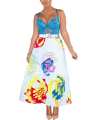 ThusFar Womens Party Pleated Skirts Floal Print Colorful High Elastic Waist Elegant A-Line Long Swing Midi Skirt White Flower XL