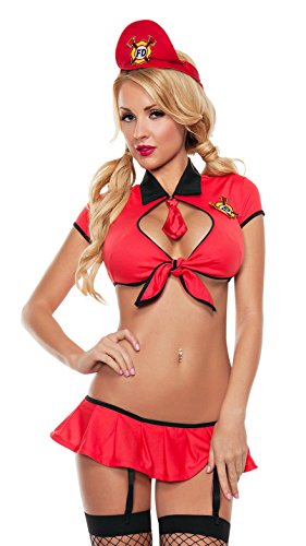 Starline Women's Sexy Firefighter Tie Top Roleplay Bedroom Costume, Red, Small/Medium