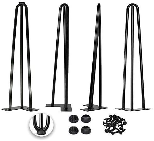 12 Inch 3 Rods Hairpin Legs - Satin Black - Leg Protectors, Screws - Set of 4 - Metal Legs - Coffee Table Legs - Furniture Legs - Mid Century Modern by Homeland Hardware