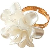 DZSYJKTM Statement Vintage White Pearl Shell Flower Gold Ring for Women Adjustable, Dainty Cute Floral Petal Camellia Open Rings Charm Party Holiday Jewelry Gift