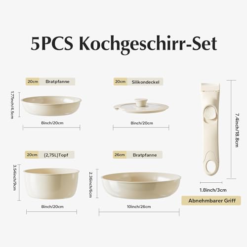 Redchef Ceramic Pan Set with Removable Handle, 5-Piece Pots Removable Handle Induction, Space-Saving Cookware (PTFE-Free, PFAS-Free, PFOA-Free), Oven & Dishwasher Safe