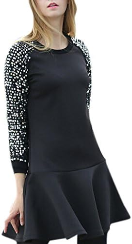Youtobin Women's Autumn Crew Neck Sequin Long Sleeve Bodycon Little Black Dress