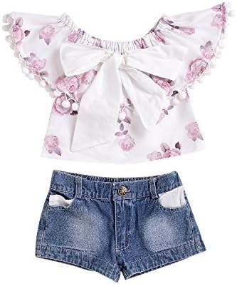 Fmizka 2Pcs Infant Baby Girls Summer Floral Ruffle Tassels T-Shirt+Short Denim Pant Casual Clothes Playsuit