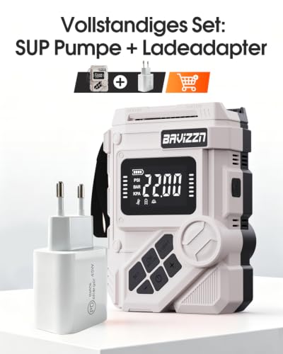 BAVIZZN 22PSI Elektrische Sup pumpe Mit Akku 12VDC Stand Up Paddle Pumpe Elektrisch Akku 59.2WH Typ-C-Anschluss Inflator & Deflator für Paddle-Board,Boot,Kayaks,Wassersport