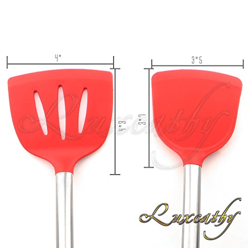 Luxcathy 304 Stainless Steel and Silicone Kitchen Utensil Set , 10-Pieces with Spoon, Spatula Tools, Pasta Server, Ladle, Strainer for Pots and Pans Non-Stick Heat Resistant Silicone (Red)