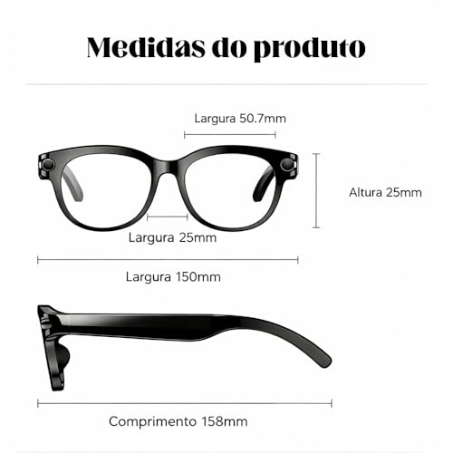 Óculos inteligentes com câmera 2MP, assistente virtual IA, tradução instantânea, reprodução musical, chamadas telefônicas, Wi-Fi 6 Bluetooth 5.4, bateria longa duração, carregamento USB-C