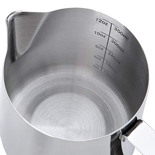 Milk Frothing Pitcher Jug - 12oz/350ML Measurements Steaming Pitchers, Stainless Steel Coffee Tools Cup, Espresso, Latte Art and Frothing Milk, Attached Latt Art Pen