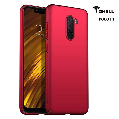 Tshell Xiaomi Poco F1 Phone Back Cover Case Shockproof Hard PC Slim Light Weight Gloss Metal Effect Anti Slip Camera Full Protection Mobile Cellphone Armor Red