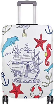 KVMV Luggage Cover, Nautical Seamless Pattern Sailing Vessels Wheel Suitcase Protector ONLY, Anti-Scratch-Fits M 22-24 INCH