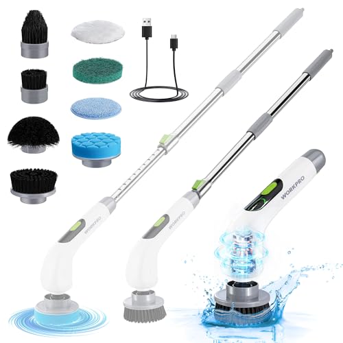 WORKPRO 8V Electric Cleaning Brush with 8 Heads Telescopic Handle | Adjustable handle of 30-120 cm and three speeds for cleaning floors, bathrooms, kitchens and hard-to-reach areas
