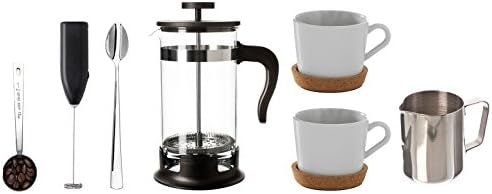 IKEA Coffee, Espresso, Cappucino &amp; Tea Large French Press Gift Bundle: Includes Large French Press, Stainless Steel Steamed Milk Pitcher, Handheld Milk Frother, Coffee Mugs,Mixing &amp; Measuring Spoon